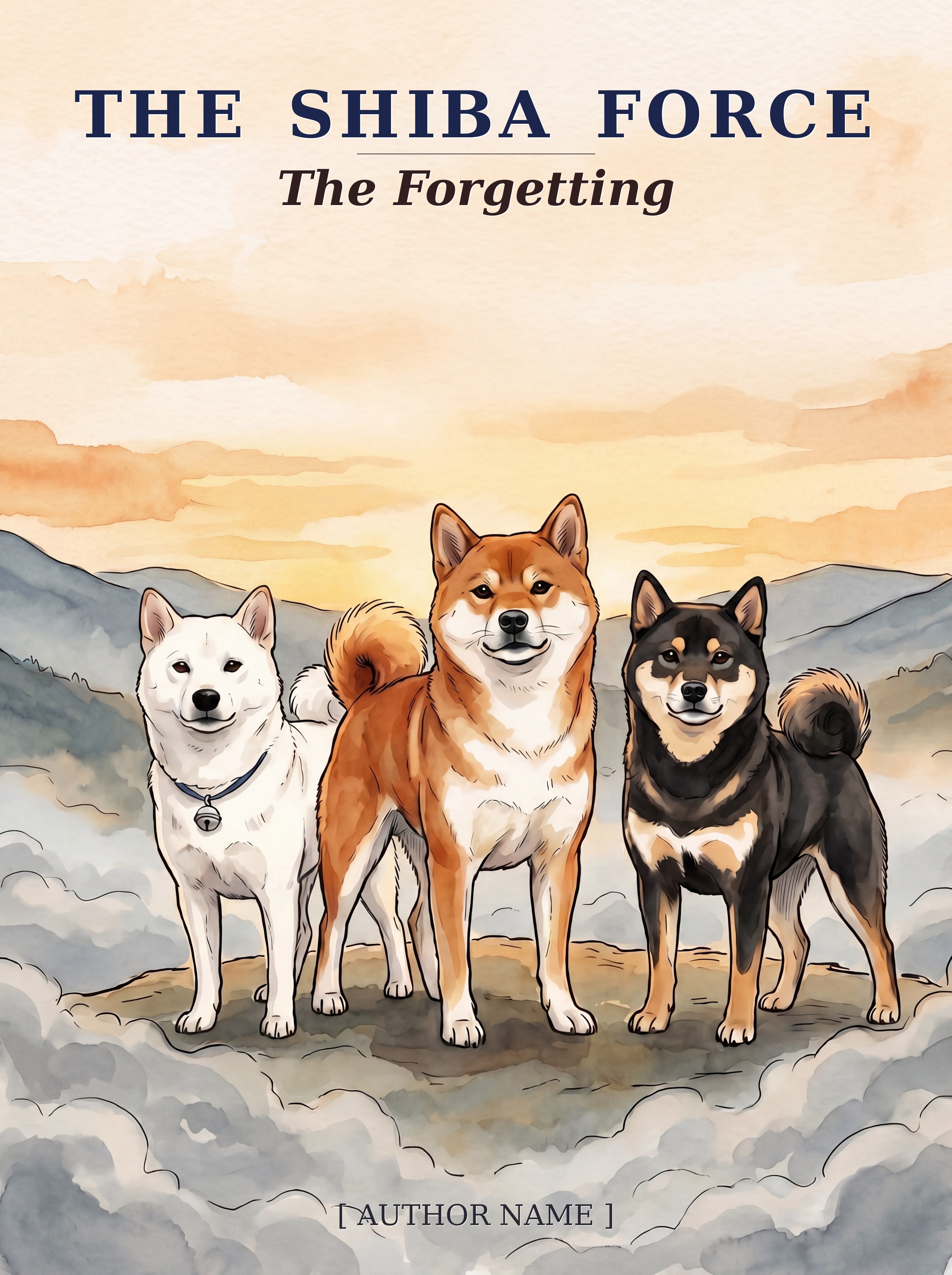 The Shiba Force: The Forgetting — book cover featuring three Shiba Inu dogs in a watercolor mountain landscape